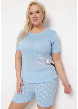 Niebieski 2-Częściowy Komplet Piżamowy Koszulka z Haftem i Luźne Szorty w Serca Kloria ze sklepu Born2be Odzież w kategorii Piżamy damskie - zdjęcie 170389756