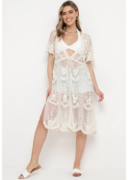 Beżowa Transparentna Sukienka Narzutka Plażowa z Kwiatowym Motywem Erelli ze sklepu Born2be Odzież w kategorii Sukienki - zdjęcie 170390328