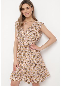 Brązowo-Beżowa Sukienka Mini z Wiskozy w Mozaikowy Wzór z Gumką w Pasie Lariaa ze sklepu Born2be Odzież w kategorii Sukienki - zdjęcie 170390528