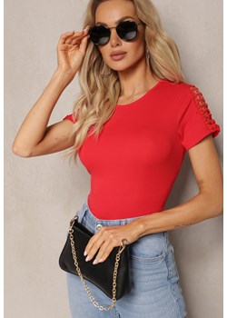 Czerwony T-shirt z Bawełny Ozdobiony Ażurową Koronką Sarille ze sklepu Renee odzież w kategorii Bluzki damskie - zdjęcie 170404298
