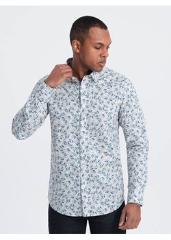Koszula męska SLIM FIT w print gałązek - niebiesko-szara V2 OM-SHPS-0163 ze sklepu ombre w kategorii Koszule męskie - zdjęcie 170405385