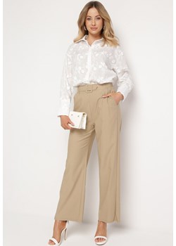 Beżowe Szerokie Spodnie Paper Bag z Paskiem i Kieszeniami Wrenika ze sklepu Born2be Odzież w kategorii Spodnie damskie - zdjęcie 170412628