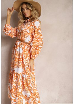 Pomarańczowa Rozkloszowana Sukienka Długa z Falbanką w Ornamentalny Print Naraoda ze sklepu Renee odzież w kategorii Sukienki - zdjęcie 170423027
