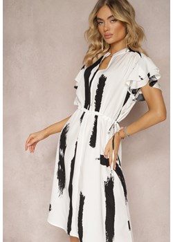 Biało-Czarna Pudełkowa Sukienka z Ozdobnym Wzorem i Sznurkiem w Talii Sidna ze sklepu Renee odzież w kategorii Sukienki - zdjęcie 170423037