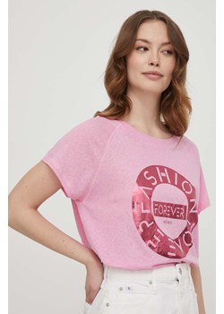 Mos Mosh t-shirt z domieszką lnu kolor różowy ze sklepu ANSWEAR.com w kategorii Bluzki damskie - zdjęcie 170427507