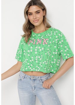 Zielony Bawełniany T-shirt Oversize w Kwiatowy Print o Krótkim Fasonie Daelinn ze sklepu Born2be Odzież w kategorii Bluzki damskie - zdjęcie 170441119