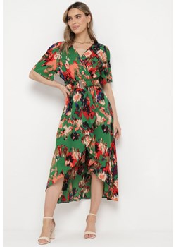 Zielono-Czerwona Sukienka z Kopertowym Dekoltem i Asymetrycznym Dołem z Gumką w Talii Coralen ze sklepu Born2be Odzież w kategorii Sukienki - zdjęcie 170441166