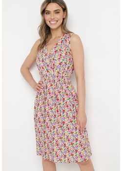 Fioletowo-Różowa Kwiatowa Sukienka z Wiskozy z Gumką w Pasie i Kopertowym Dekoltem Tigra ze sklepu Born2be Odzież w kategorii Sukienki - zdjęcie 170441409