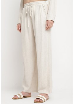 Beżowe Wiskozowe Spodnie z Lnem o Szerokich Nogawkach Almaris ze sklepu Born2be Odzież w kategorii Spodnie damskie - zdjęcie 170441498