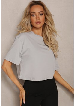 Szary Oversizowy T-shirt z Bawełny z Okrągłym Dekoltem Calama ze sklepu Renee odzież w kategorii Bluzki damskie - zdjęcie 170444375