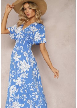 Niebieska Rozkloszowana Sukienka Kopertowa z Kwiatowym Wzorem Mareal ze sklepu Renee odzież w kategorii Sukienki - zdjęcie 170444435