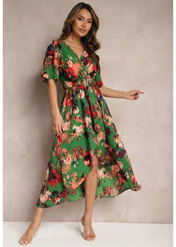 Zielono-Czerwona Asymetryczna Sukienka z Gumką w Pasie i Kopertowym Dekoltem Perlana ze sklepu Renee odzież w kategorii Sukienki - zdjęcie 170444465
