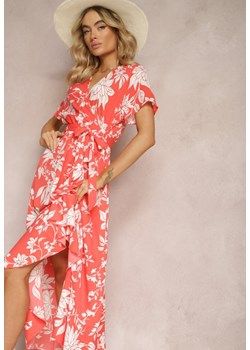 Pomarańczowa Asymetryczna Sukienka Kopertowa z Gumką w Pasie i Kwiatowym Wzorem Aliraya ze sklepu Renee odzież w kategorii Sukienki - zdjęcie 170444475