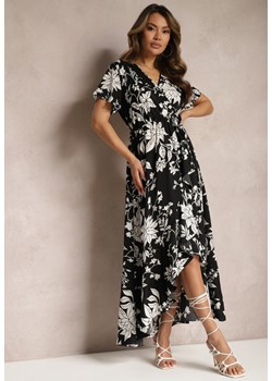 Czarna Asymetryczna Sukienka Kopertowa z Gumką w Pasie i Kwiatowym Wzorem Aliraya ze sklepu Renee odzież w kategorii Sukienki - zdjęcie 170444485