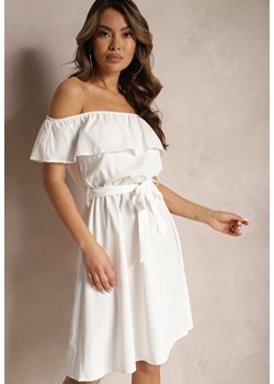 Biała Rozkloszowana Sukienka o Fasonie Hiszpanki z Paskiem w Talii Koralice ze sklepu Renee odzież w kategorii Sukienki - zdjęcie 170444535
