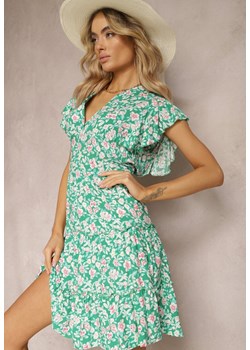 Zielona Sukienka w Kwiaty z Falbankami i Kopertowym Dekoltem z Wiskozy Cilgara ze sklepu Renee odzież w kategorii Sukienki - zdjęcie 170444555