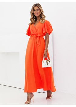 Pomarańczowa sukienka maxi z przekładanym dekoltem Laminno - pomarańczowy ze sklepu pakuten.pl w kategorii Sukienki - zdjęcie 170446925