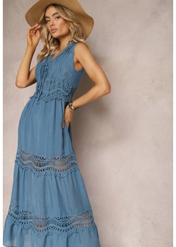 Niebieska Maxi Sukienka o Rozkloszowanym Kroju z Ażurowymi Wstawkami Litulla ze sklepu Renee odzież w kategorii Sukienki - zdjęcie 170465985