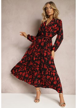 Czarno-Czerwona Kopertowa Sukienka Maxi z Plisowanym Dołem i Gumką w Talii Amillica ze sklepu Renee odzież w kategorii Sukienki - zdjęcie 170466005