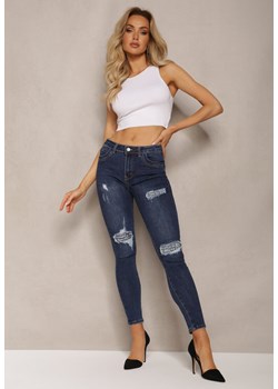 Granatowe Skinny Jeansy z Bawełny Ozdobione Napisami i Przetarciami Annaca ze sklepu Renee odzież w kategorii Jeansy damskie - zdjęcie 170466075