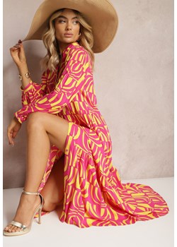 Różowo-Żółta Długa Sukienka Rozkloszowana w Geometryczne Wzory z Kołnierzykiem Skulle ze sklepu Renee odzież w kategorii Sukienki - zdjęcie 170466085