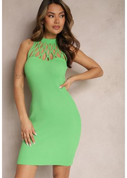 Zielona Prążkowana Sukienka Mini z Ażurowym Dekoltem Emmily ze sklepu Renee odzież w kategorii Sukienki - zdjęcie 170466146