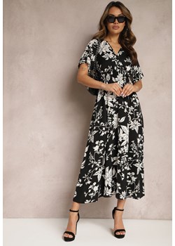 Czarno-Biała Rozkloszowana Sukienka Kopertowa z Kwiatowym Wzorem Mareal ze sklepu Renee odzież w kategorii Sukienki - zdjęcie 170466186