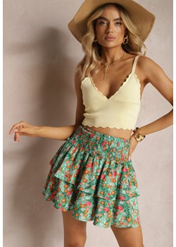 Zielona Rozkloszowana Spódnica Mini z Falbankami w Kwiatowy Wzór Velinia ze sklepu Renee odzież w kategorii Spódnice - zdjęcie 170478917