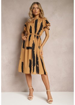 Ciemnobeżowa Pudełkowa Sukienka z Ozdobnym Wzorem i Sznurkiem w Talii Sidna ze sklepu Renee odzież w kategorii Sukienki - zdjęcie 170478947