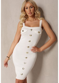 Biała Sukienka Prążkowana na Ramiączkach z Guzikami Pasinne ze sklepu Renee odzież w kategorii Sukienki - zdjęcie 170479008