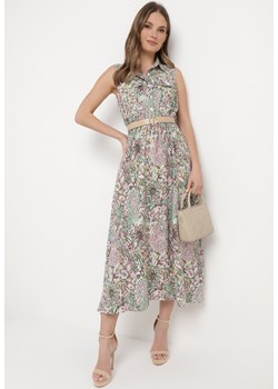 Różowo-Zielona Rozkloszowana Sukienka w Kwiaty bez Rękawów Syloria ze sklepu Born2be Odzież w kategorii Sukienki - zdjęcie 170495378