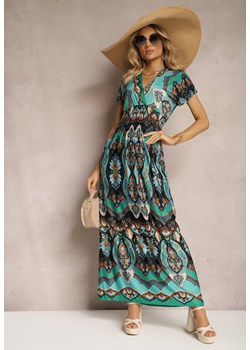 Zielona Długa Sukienka z Kopertowym Dekoltem i Wzorem Etno z Wiskozy Algrisa ze sklepu Renee odzież w kategorii Sukienki - zdjęcie 170495746