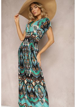 Zielona Długa Sukienka z Kopertowym Dekoltem i Wzorem Etno z Wiskozy Algrisa ze sklepu Renee odzież w kategorii Sukienki - zdjęcie 170495748