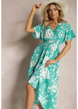 Jasnozielona Rozkloszowana Sukienka Kopertowa z Kwiatowym Wzorem Mareal ze sklepu Renee odzież w kategorii Sukienki - zdjęcie 170495818
