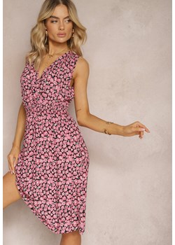 Czarno-Różowa Rozkloszowana Sukienka w Kwiaty z Kopertową Górą i Gumką w Talii Ricada ze sklepu Renee odzież w kategorii Sukienki - zdjęcie 170495898