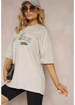 Szary Bawełniany T-shirt z Nadrukami z Przodu i z Tyłu Dianara ze sklepu Renee odzież w kategorii Bluzki damskie - zdjęcie 170495939
