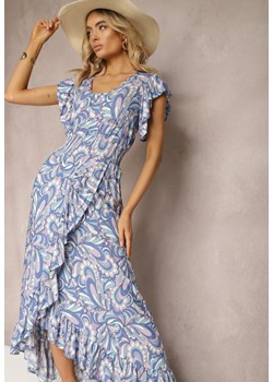 Niebieska Sukienka Boho z Gumką w Pasie i Asymetrycznym Dołem z Wiskozy Anorissa ze sklepu Renee odzież w kategorii Sukienki - zdjęcie 170509117