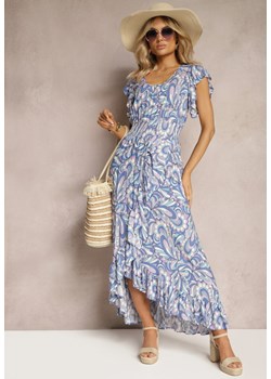Niebieska Sukienka Boho z Gumką w Pasie i Asymetrycznym Dołem z Wiskozy Anorissa ze sklepu Renee odzież w kategorii Sukienki - zdjęcie 170509118