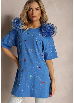 Niebieska Bawełniana Bluzka Prosta z Kryształkami Kwiatami i Cyrkoniami Leokka ze sklepu Renee odzież w kategorii Bluzki damskie - zdjęcie 170523358