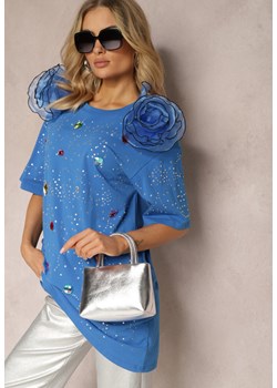Niebieska Bawełniana Bluzka Prosta z Kryształkami Kwiatami i Cyrkoniami Leokka ze sklepu Renee odzież w kategorii Bluzki damskie - zdjęcie 170523359