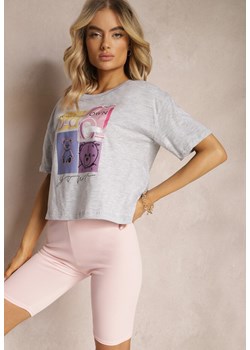 Jasnoszary T-shirt z Bawełny Ozdobiony Nadrukiem Parieltta ze sklepu Renee odzież w kategorii Bluzki damskie - zdjęcie 170523438