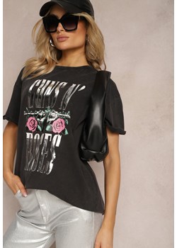 Ciemnoszary Bawełniany T-shirt z Rockowym Nadrukiem i Okrągłym Dekoltem Tahoma ze sklepu Renee odzież w kategorii Bluzki damskie - zdjęcie 170523478