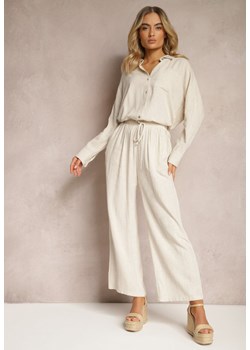 Beżowe Szerokie Spodnie z Wiskozy z Dodatkiem Lnu Delsira ze sklepu Renee odzież w kategorii Spodnie damskie - zdjęcie 170523608