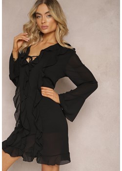Czarna Sukienka z Rozkloszowanymi Rękawami Wiązaniem Przy Dekolcie i Falbankami Honoris ze sklepu Renee odzież w kategorii Sukienki - zdjęcie 170523658