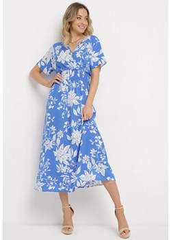 Niebieska Sukienka Długa z Kopertową Górą w Kwiatowy Print Solmare ze sklepu Born2be Odzież w kategorii Sukienki - zdjęcie 170523848