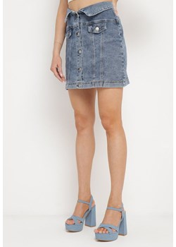 Granatowa Spódnica Jeansowa Mini z Talią Paper Bag Zapinana na Guziki Velaia ze sklepu Born2be Odzież w kategorii Spódnice - zdjęcie 170528445