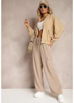 Ciemnobeżowe Spodnie z Kieszeniami Cargo High Waist z Gumką w Pasie Naerille ze sklepu Renee odzież w kategorii Spodnie damskie - zdjęcie 170529147