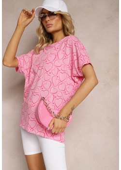Różowy Bawełniany T-shirt z Rękawami Typu Nietoperz i Ozdobnym Nadrukiem Lakira ze sklepu Renee odzież w kategorii Bluzki damskie - zdjęcie 170529197
