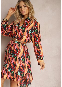 Czarno-Pomarańczowa Długa Koszula na Guziki z Geometrycznymi Wzorami Lakiria ze sklepu Renee odzież w kategorii Sukienki - zdjęcie 170529317