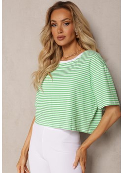 Zielony Oversizowy T-shirt Cropped w Paski z Elastycznej Bawełny Akrida ze sklepu Renee odzież w kategorii Bluzki damskie - zdjęcie 170542268